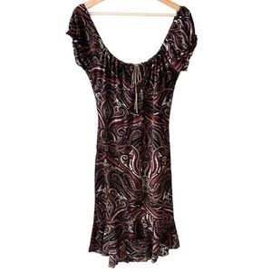 Aqua Blues Y2K Vintage Midi Dress. Hi-Lo Lettuce Hem. Paisley Brown. M